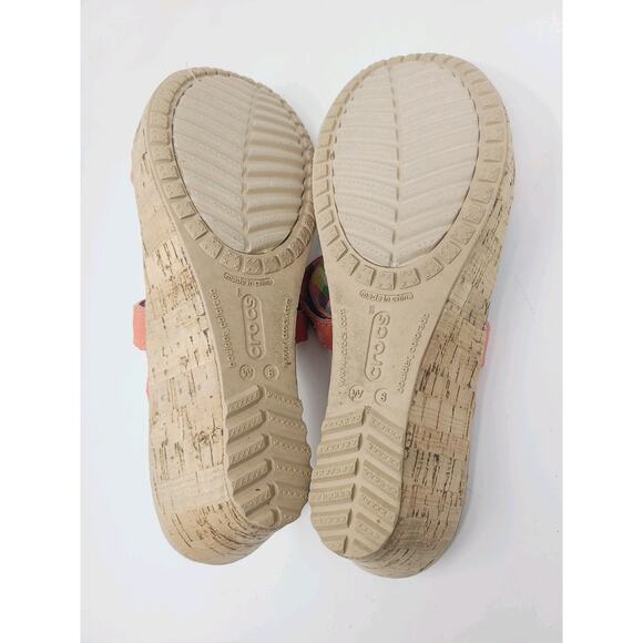 Crocs Womens A Leigh Wedge Sandals 8 Coral Pink Leather Strappy Cork Heels - Picture 9 of 11